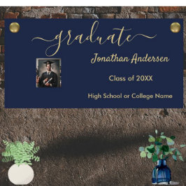 Abschluss Foto Script Navy Blue & Gold Banner