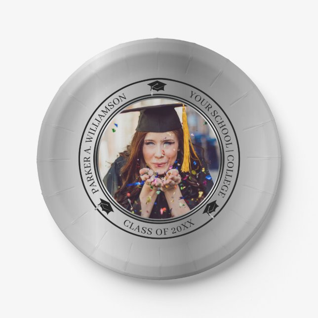 Abschluss Foto Silver Tone Grad Cap Jahr Pappteller (Vorderseite)