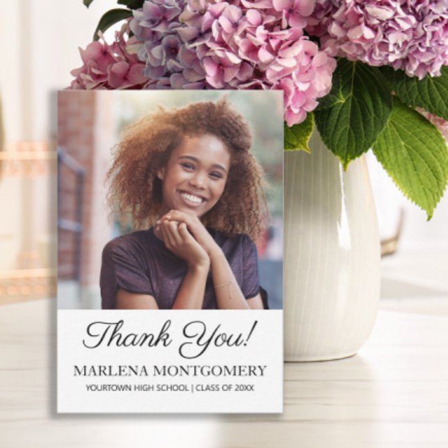 Abschluss Foto Vielen Dank, dass Sie elegantes Scr Dankeskarte (Graduation photo "Thank you" card)