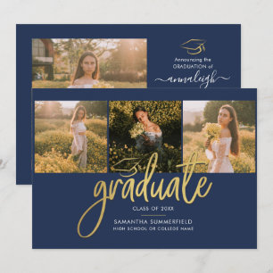 Abschluss Fotos Script Navy Blue Gold Foil Ankündigung