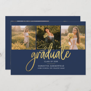 Abschluss Fotos Script Navy Blue Gold Foil Ankündigung
