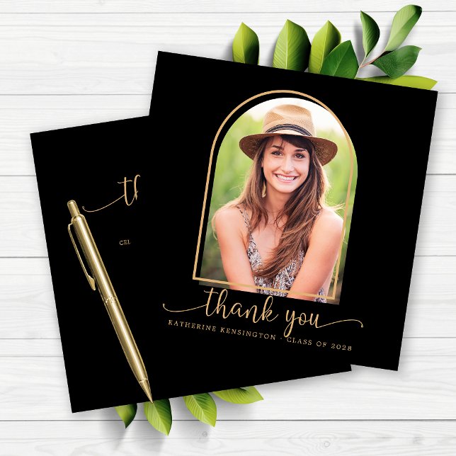 Abschluss für das Black and Gold Arch Foto Vielen  (Black and Gold Arch Photo Graduation Thank You Card)