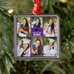 Abschluss für lila Bildbearbeitungssoftware Ornament Aus Metall<br><div class="desc">Dieses moderne lila Foto-Collage Weihnachtsschmuck zeigt Ihre liebsten 6 Studentenfotos. Dieses Abschluss-Sake-Geschenk enthält eine klassische weiße Typografie Ihres High School- oder Uni-Namens für die Klasse von 2025. Passen Sie dieses quadratische Ornament mit Ihrem geschlossen Jahr unter der schwarzen Graduierkappe an.</div>