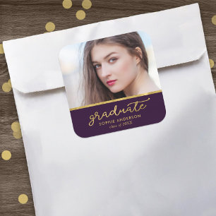 Abschluss für lila und Gold-Foto-Graduate Quadratischer Aufkleber