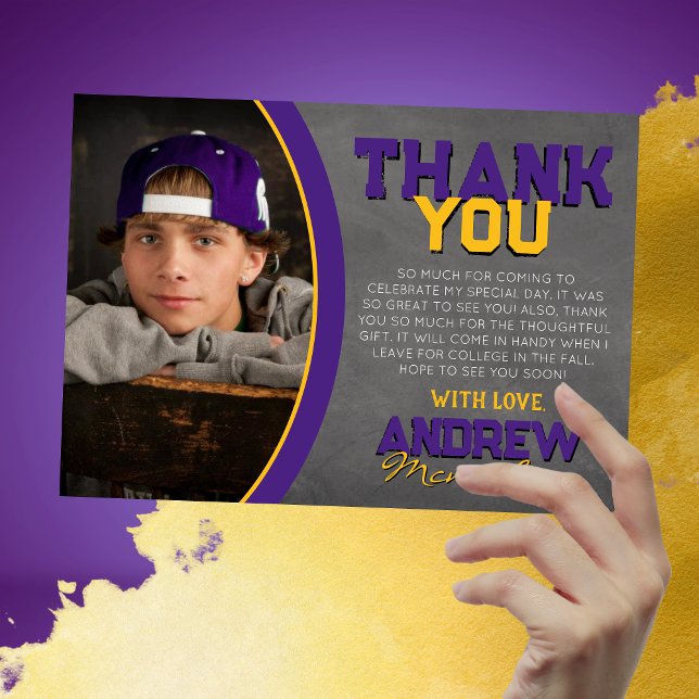 Abschluss für lila und goldene Chalkboards Danke K Einladung (Unique 1 Photo Purple and Yellow Gold Chalkboard Graduation Thank You Cards)