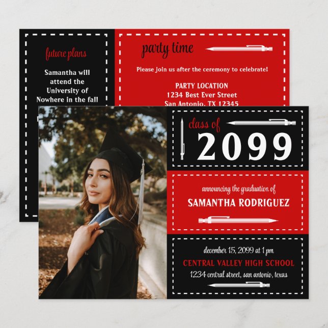 Abschluss für rote und schwarze Dosen und Stifte Einladung (Vorne/Hinten)