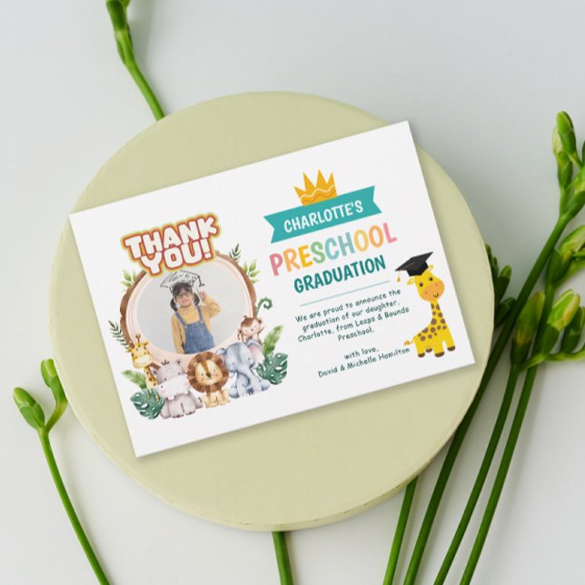 Abschluss für tierisches Foto Einladung (Animal Preschool Photo Graduation Thank You Card)