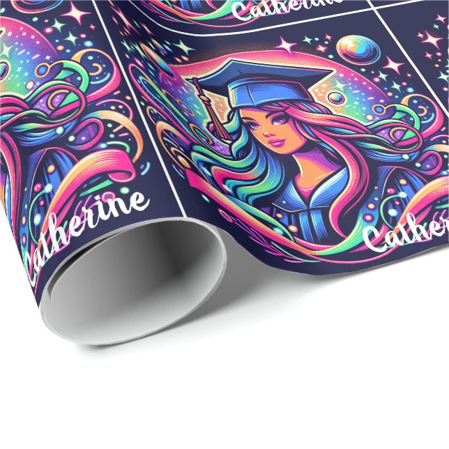 Abschluss Girl in Neon Colors Custom Geschenkpapier (Rolleneckpunkt)