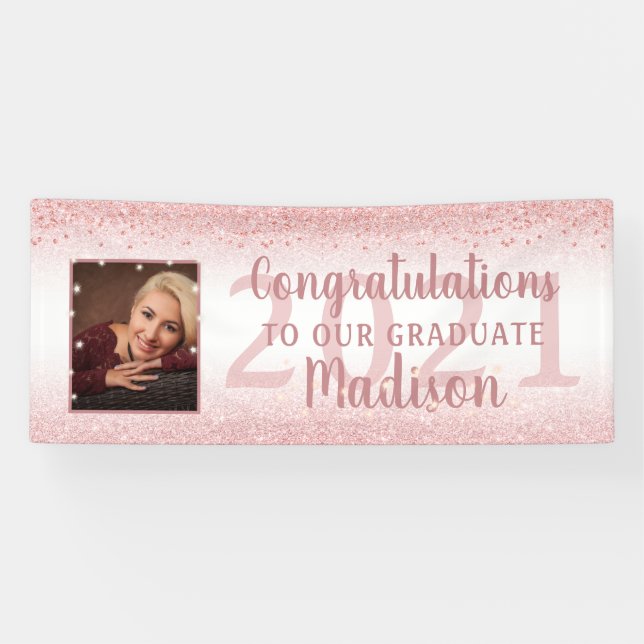 Abschluss Girly Rose Gold Glitzer Sparkone Foto Banner (Horizontal)