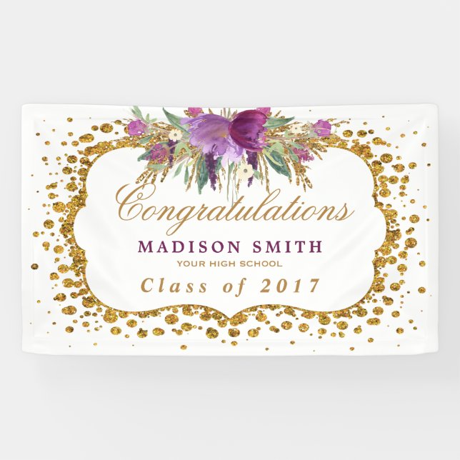Abschluss-Glitzerwatercolor-Blumen-GoldConfetti Banner (Horizontal)