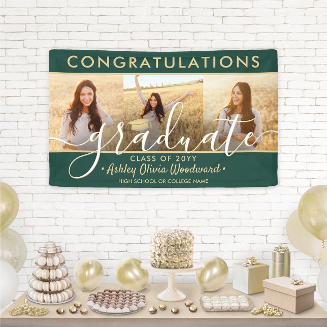 Abschluss Glückwunsch 3 Foto Collage Green und Gol Banner (Von Creator hochgeladen)