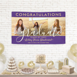 Abschluss Glückwunsch 3 Foto Collage Lila & Gold Banner