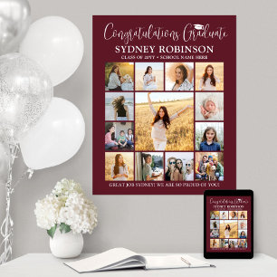 Abschluss Glückwunsch Foto Collage Maroon und Whit Poster