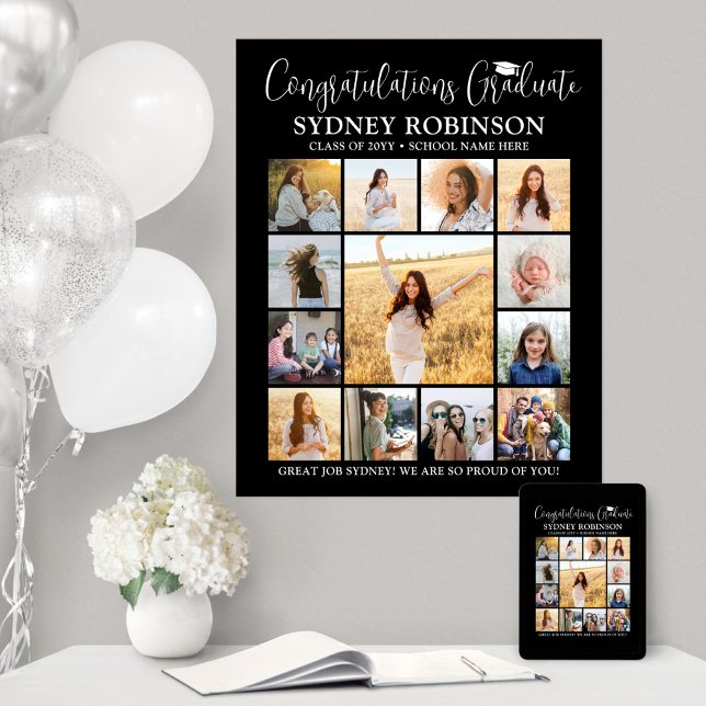 Abschluss Glückwunsch FotoCollage Modernes Schwarz Poster (Von Creator hochgeladen)