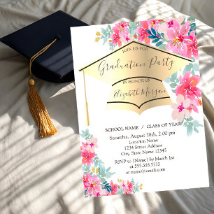 Abschluss "Gold Grad Cap Spring Flowers" Einladung