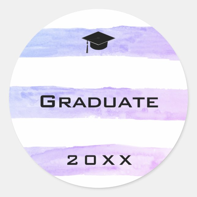 Abschluss Grad Cap Lila Wasserfarbe Streifen 2023 Runder Aufkleber (Vorderseite)
