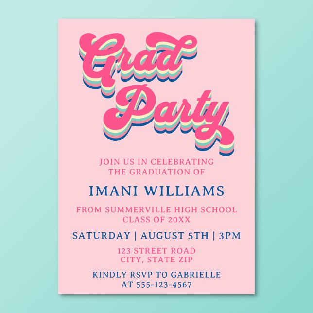 Abschluss Grad Party Groovy Retro Typografie Einladung (Retro groovy grad party invitation on a turquoise background.)