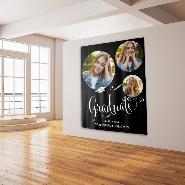 Abschluss Graduate Black and White Foto Party Wandteppich (Graduation photo Graduate typography backdrop. )