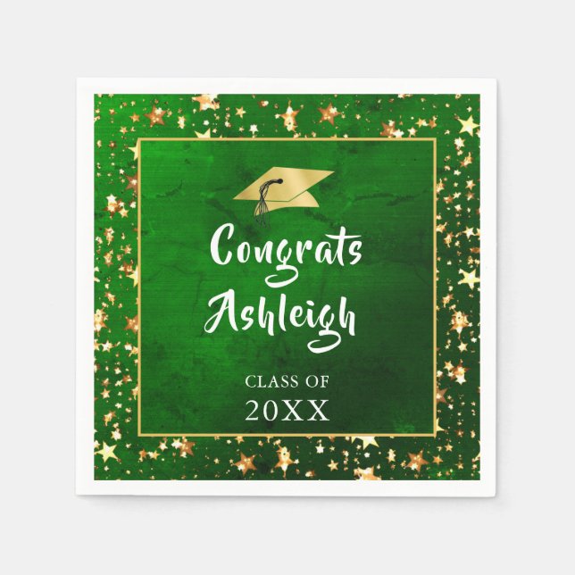 Abschluss Green Gold Stars Brush Script Serviette (Vorderseite)
