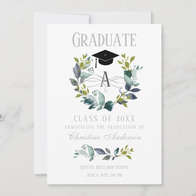 Abschluss Greenery Wreath Monogram Black Grad Cap Ankündigung (Vorderseite)