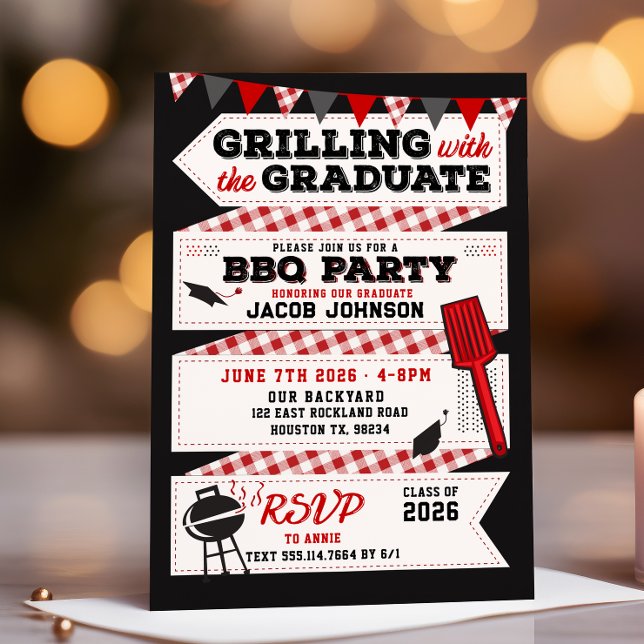 Abschluss GRILLEN Party Einladung, Grad Party Einladung (Grilling with the graduate bbq grad party invitation shown with gold light and candle background)
