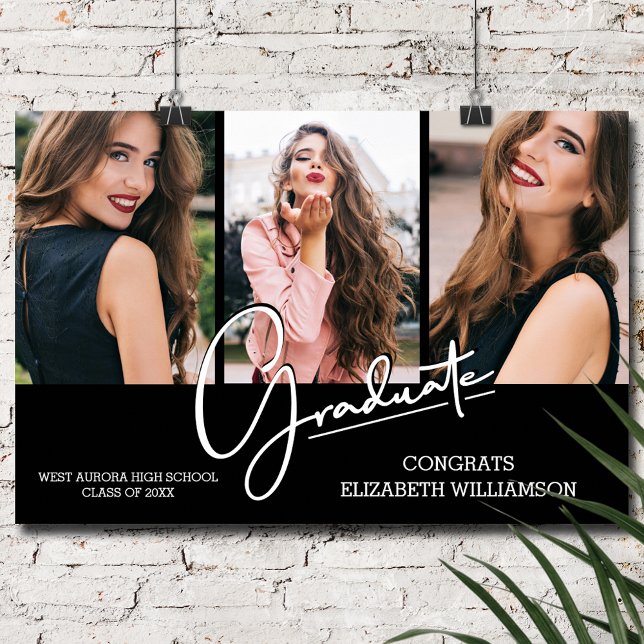 Abschluss Herzlichen Glückwunsch Black Modern 3 Fo Poster (Graduation Congratulations 3 Photos on Black Poster, INSTANT DOWNLOAD and/or POSTER)