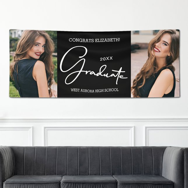 Abschluss Herzlichen Glückwunsch Black Modern Foto Banner (Large 4' x 10' Graduation Congratulations Black Modern Photo Banner (smaller sizes in our store))