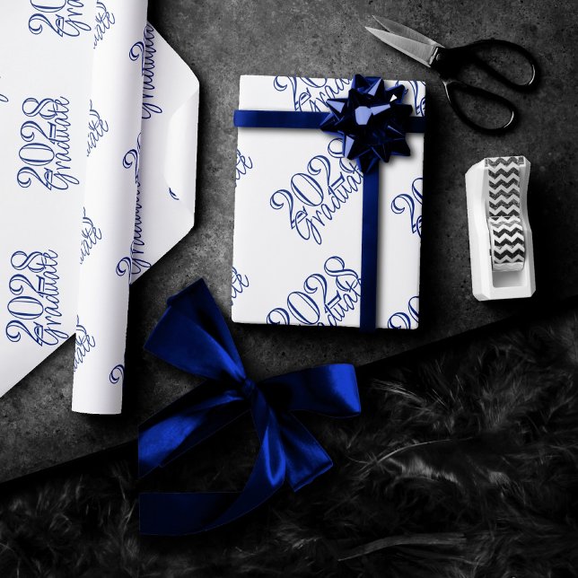 Abschluss Jahr | Basic White on Blue Celebration Geschenkpapier (Von Creator hochgeladen)