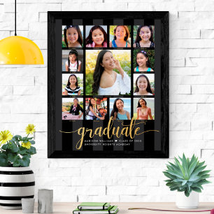 Abschluss K-12 Fotocollage Gold Schwarzes Script Poster