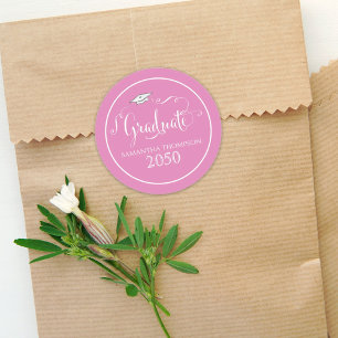 Abschluss Kalligrafie Script Elegant Rosa Kappe Runder Aufkleber