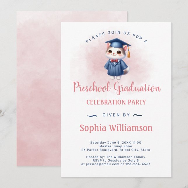 Abschluss-Katze für Mädchen Einladung (Vorne/Hinten)