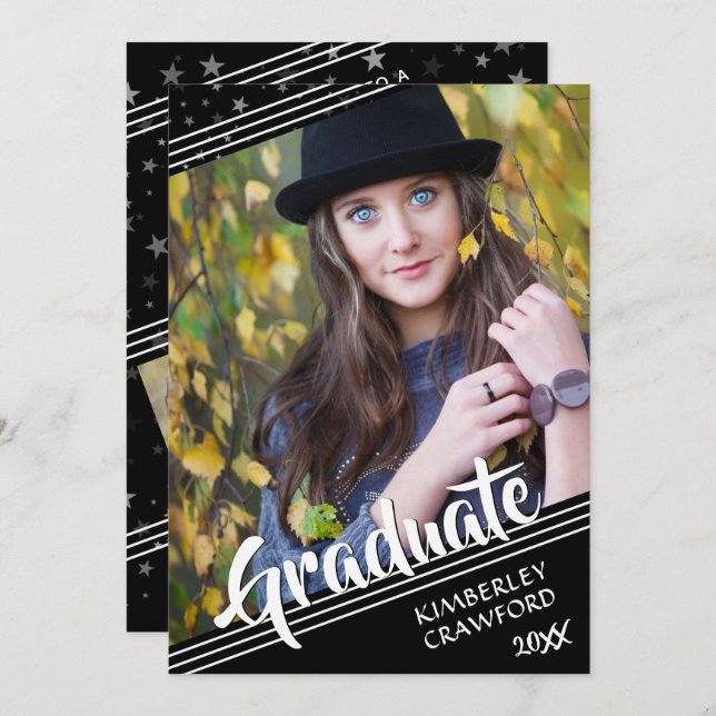 Abschluss, Linien und Sterne | Schwarz und Weiß |  Einladung (Vorne/Hinten)