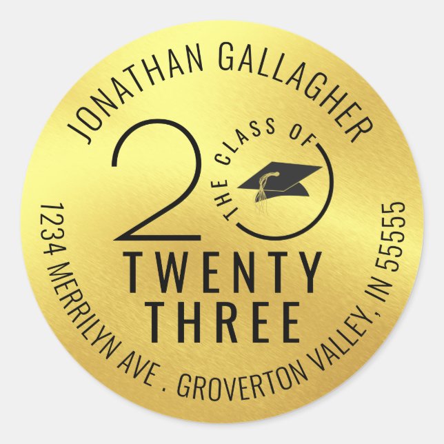 Abschluss Metallic Gold Black Rücksendeadresse Runder Aufkleber (Vorderseite)