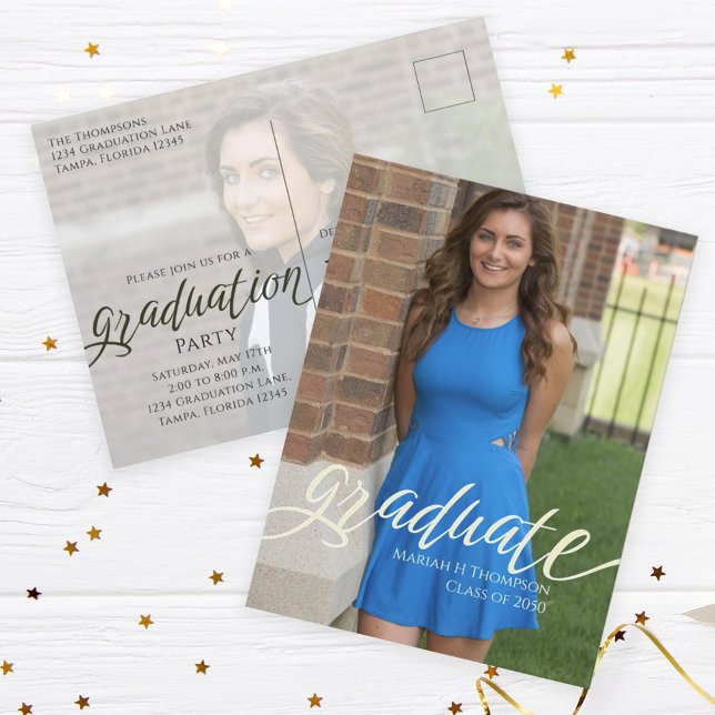 Abschluss Minimalistisch Modern Zwei Foto Script Postkarte (Graduation calligraphy script photo postcard template.)