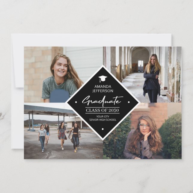 Abschluss moderne elegante Drehbuch 4 Foto Collage Ankündigung (Vorderseite)