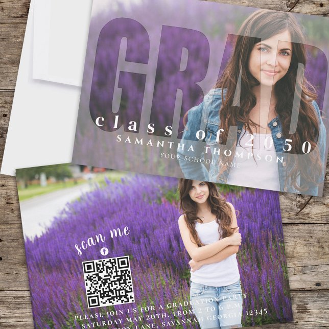 Abschluss Moderne Grad Typografie 2 Foto QR Code Einladung (Creative graduation photo invitation with "GRAD" Typography photo overlay. )