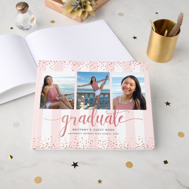 Abschluss moderne Rose Gold-Script-Foto Collage Gästebuch (Vorderseite Offen)