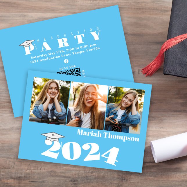 Abschluss Multi-Foto Blue-Klasse 2023 QR-Code Einladung (Graduation multi-photo invitation announcement Carolina Blue School colors. )
