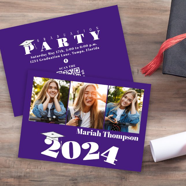 Abschluss Multi Foto Lila Class 2023 QR-Code Einladung (Graduation photo invitation announcement with purple and white typography. )