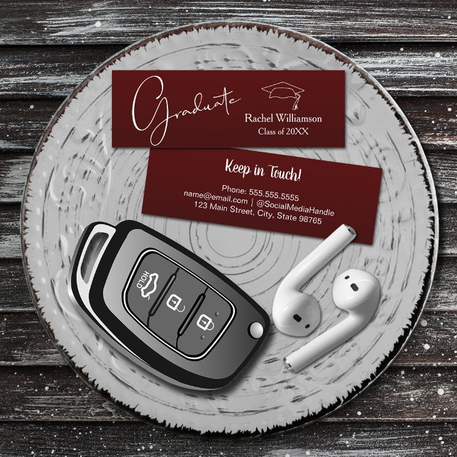 Abschluss Name Class Details Dunkler Maroon Telefonnummerkarte (Small dark maroon Graduation Calling Cards are 3" x 1", hand out to friends keep in touch)