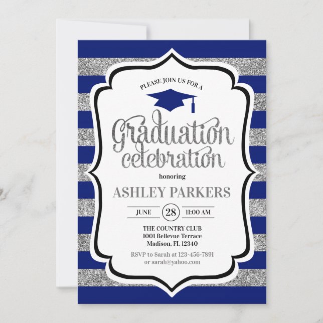 Abschluss - Navy Blue Silver Stripes Einladung (Vorderseite)