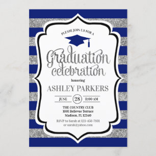 Abschluss - Navy Blue Silver Stripes Einladung