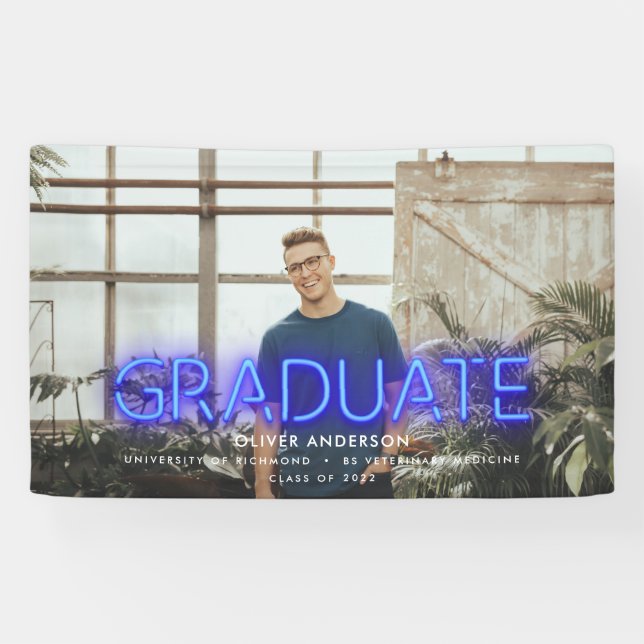 Abschluss neonblau Foto Modernes Party Banner (Horizontal)