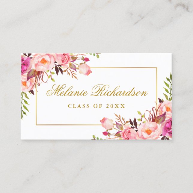 Abschluss Networking Pink Floral Gold Visitenkarte (Vorderseite)
