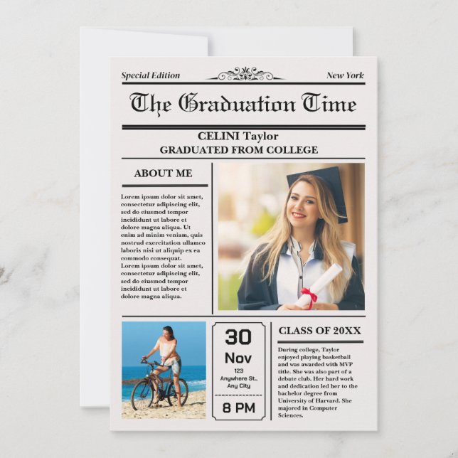 Abschluss News Einladung beibehalten - druckbar (Vorderseite)