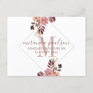 Abschluss Nurse Monogram Floral Announcement Pools Ankündigungspostkarte