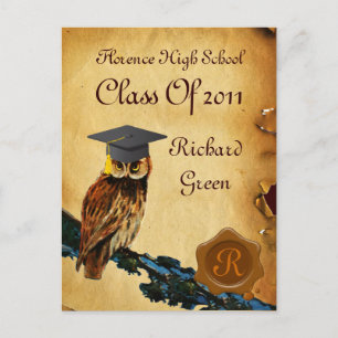 ABSCHLUSS OWL PARCHMENT BROWN WAX SIEGEL MONOGRAM EINLADUNGSPOSTKARTE