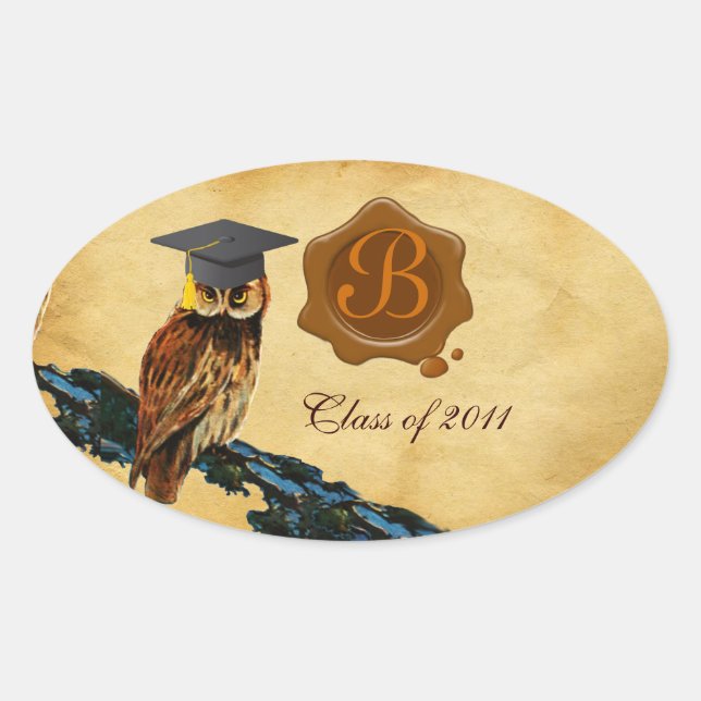 ABSCHLUSS OWL PARCHMENT BROWN WAX SIEGEL MONOGRAM OVALER AUFKLEBER (Vorderseite)