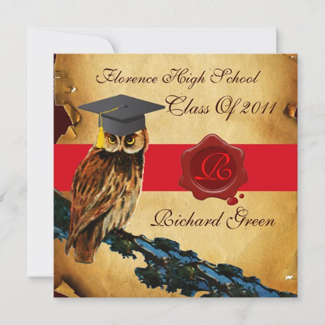 ABSCHLUSS OWL PARCHMENT RED WAX SIEGEL MONOGRAM EINLADUNG (Vorderseite)