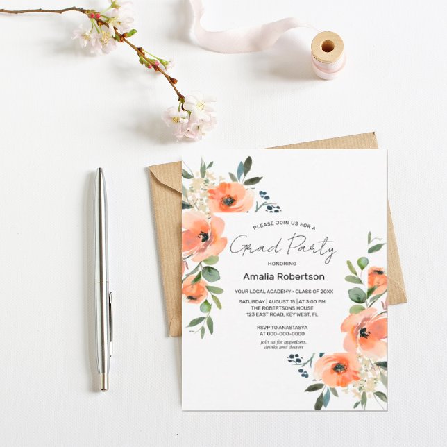Abschluss Peach Floral and Greenery INVITATION Einladung (Von Creator hochgeladen)